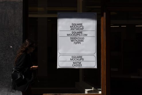 Urban outdoor poster mockup in a shadow with a passing person, representing square mockups with high-resolution dimensions for design presentations.